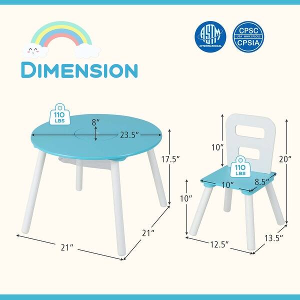 dimension image slide 0 of 4, Costway Kids Wooden Round Table & 2 Chair Set w/ Center Mesh Storage - See Details