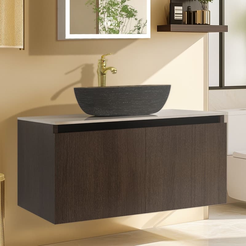 Vintage Aluminium Bathroom Vanity With Countertop Sink Copper Faucet Set - 40" L x 20" W x 16" H - Single Basin - Brass/ White/ Walnut