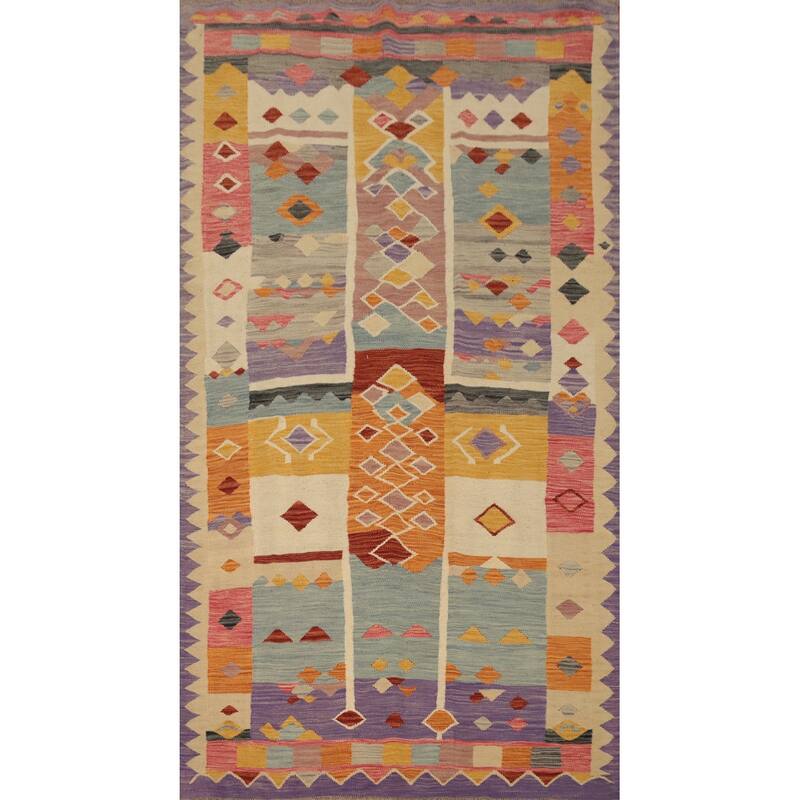 Hand Woven Oriental 100% Wool Carpet Southwestern Tribal Multi-Colored Kilim Area Rug - 7' 9'' X 4' 8''