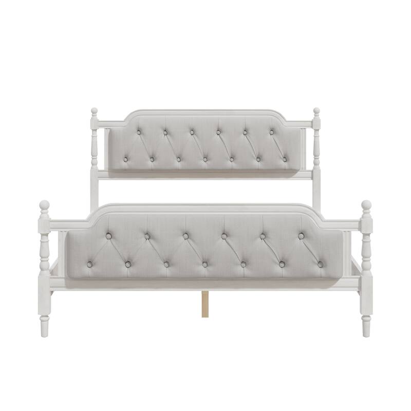 Queen Size Solid Wood Bed Frame with Tufted Upholstered Headboard, No Box Spring Needed, Antique White