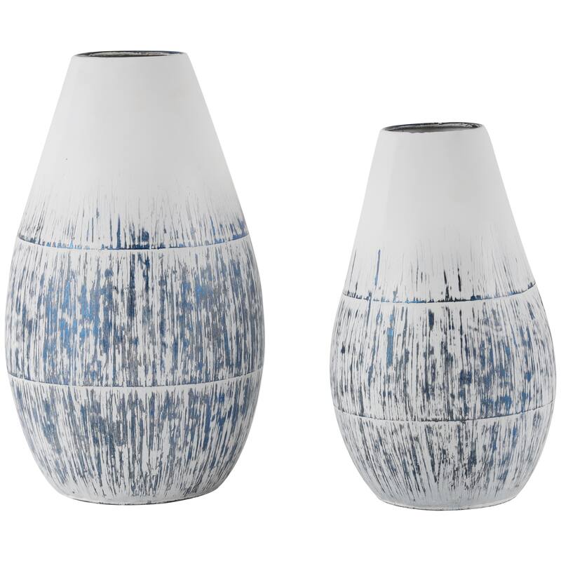Blue Metal Brushed Decorative Vase with White Background (Set of 2)