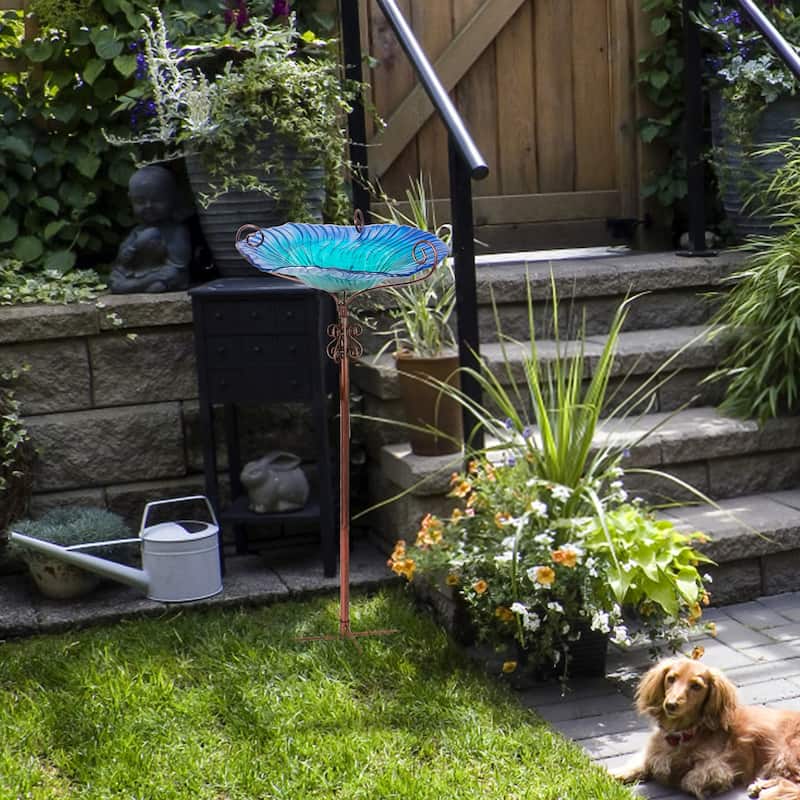 Tall Glass Birdbath Birdfeeder with Metal Stake Garden Yard Outdoor