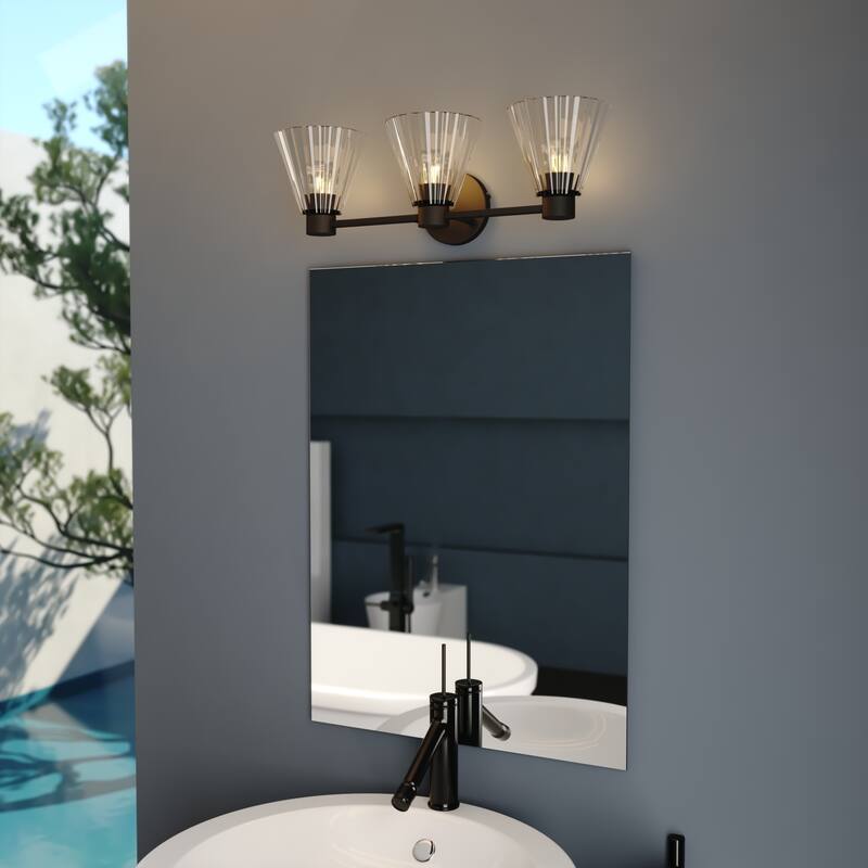 Dalton 3-Light 25.5 in. Wide Black Bathroom Vanity Lighting Wall Fixture, Clear Glass Shade, Dimmable, LED Compatible