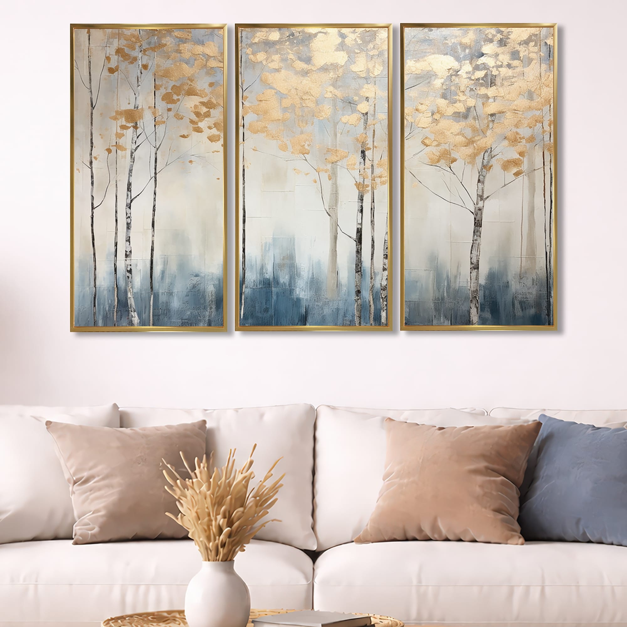 Designart "Minimalism Blue And Gold Forest II" Forest Framed Art Set of 3 - Traditional Beige Wall Art Set 3 Pieces