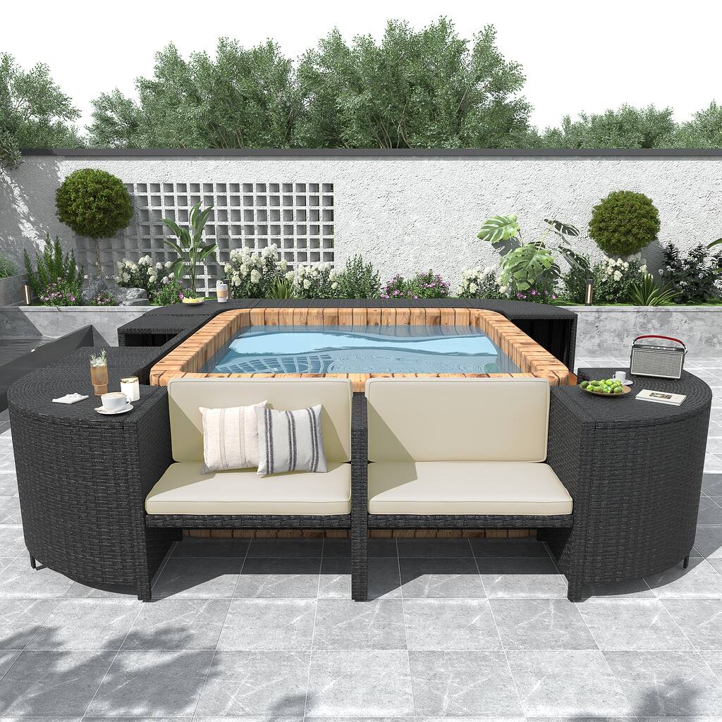Quadrilateral Patio Rattan Sofa Set, All Weather Outdoor Conversation Set with Mini Sofa, Wooden Seats and Storage Spaces