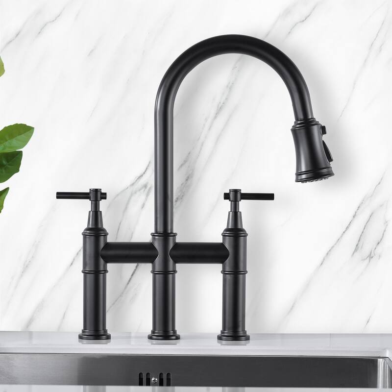 Transitional Bridge Kitchen Faucet with Pull-Down Sprayhead, Double Handle Kitchen Sink Faucet