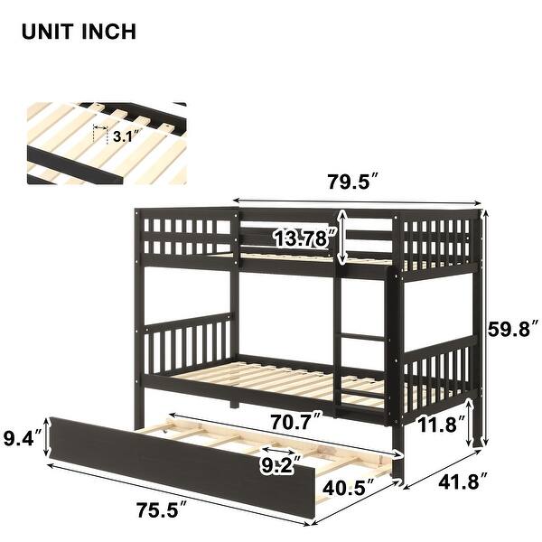 Espresso Twin Over Twin Solid Wood Bunk Beds with Trundle, Safety Rail, Ladder, and Guardrails, Converts to 2 Beds