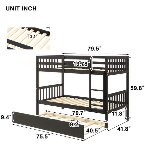 dimension image slide 2 of 6, Twin/Full Size Bunk Bed with Trundle, Convertible to 2 Platform Bed