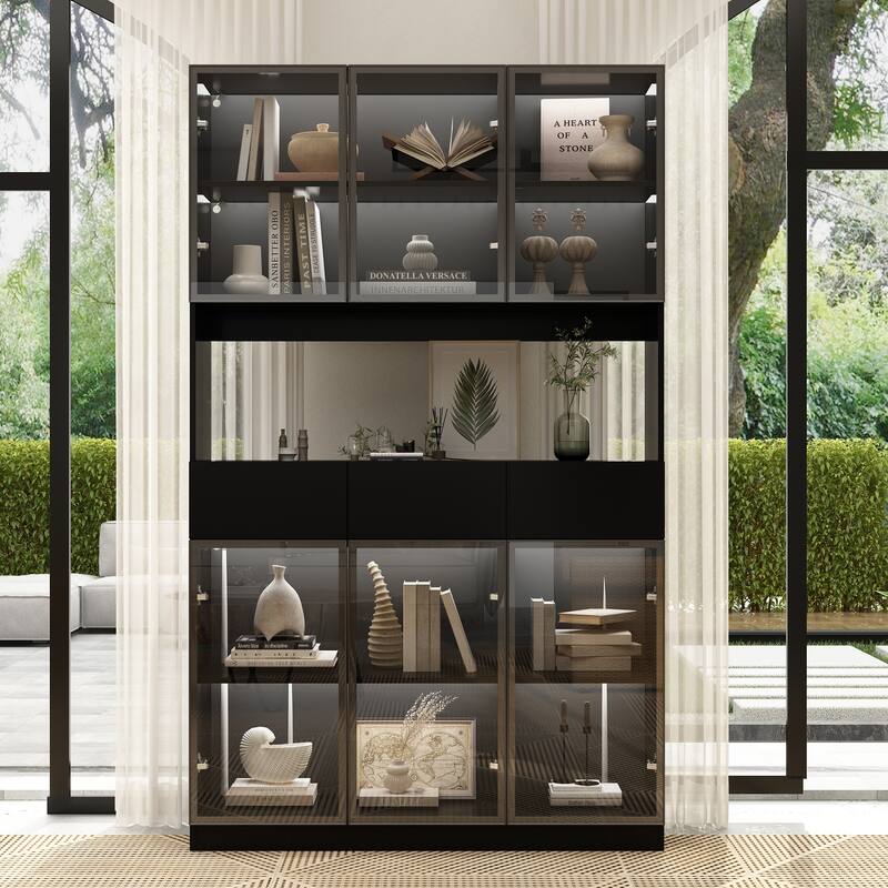 Tall Modular Display Storage Cabinet Bookcase w/Light Home Office - 47.2"-Black