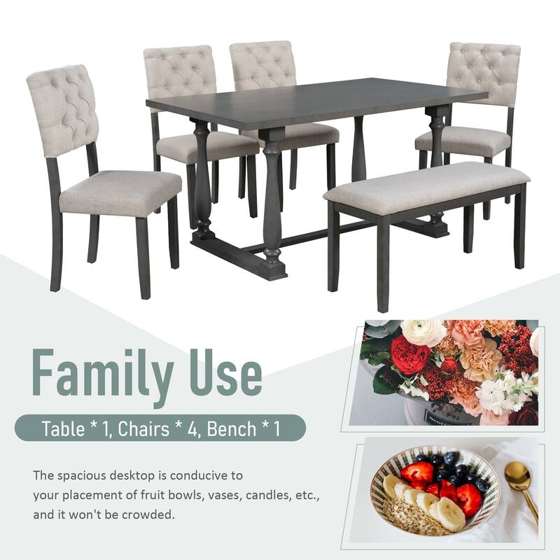 Gray Retro 6-Piece Wooden Dining Table Set with Rectangular Table & 4 Chairs
