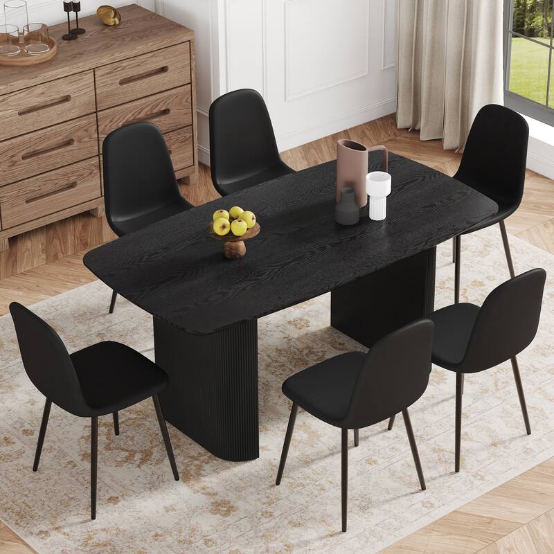 7-Piece Dining Table Set .67 * 35.4 inch black wood grain MDF dining table with 6 Mid-Century Style Upholstered PU Chairs
