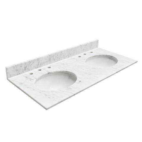 48" Carrara White Marble Bathroom Vanity Top Double Sink, Backsplash - Oval Sink + 3-Facuet-Hole