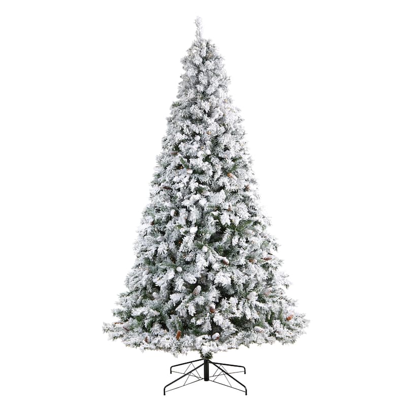 9' Pre-Lit Flocked White River Mountain Artificial Christmas Tree, Clear LED Lights - 9 Foot