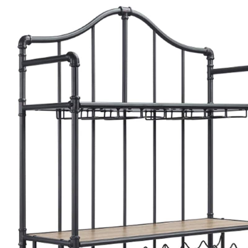 Ada 73 Inch Wine Bar Metal Rack With Shelves, Stemware, Oak Brown