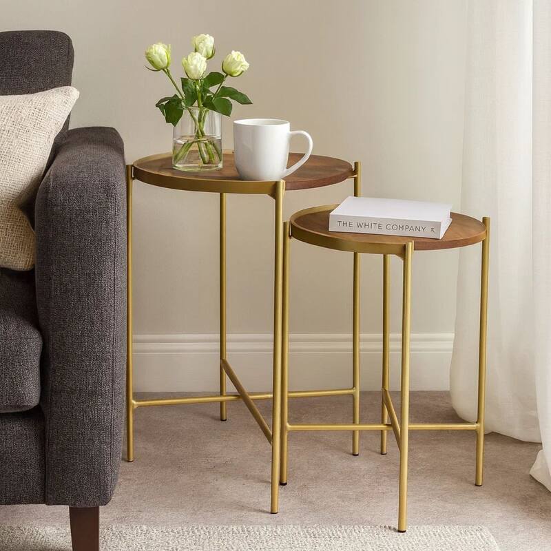 2 Piece Round Nesting Tables, Gold Iron, Modern Mango Wood, Warm Brown