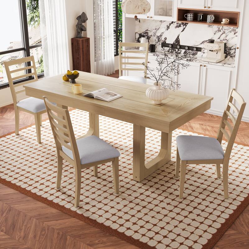 60"-78" Extendable Dining Table with Smooth Rails, Wooden Kitchen Table with Removable Leaf, Double U-Shape Base