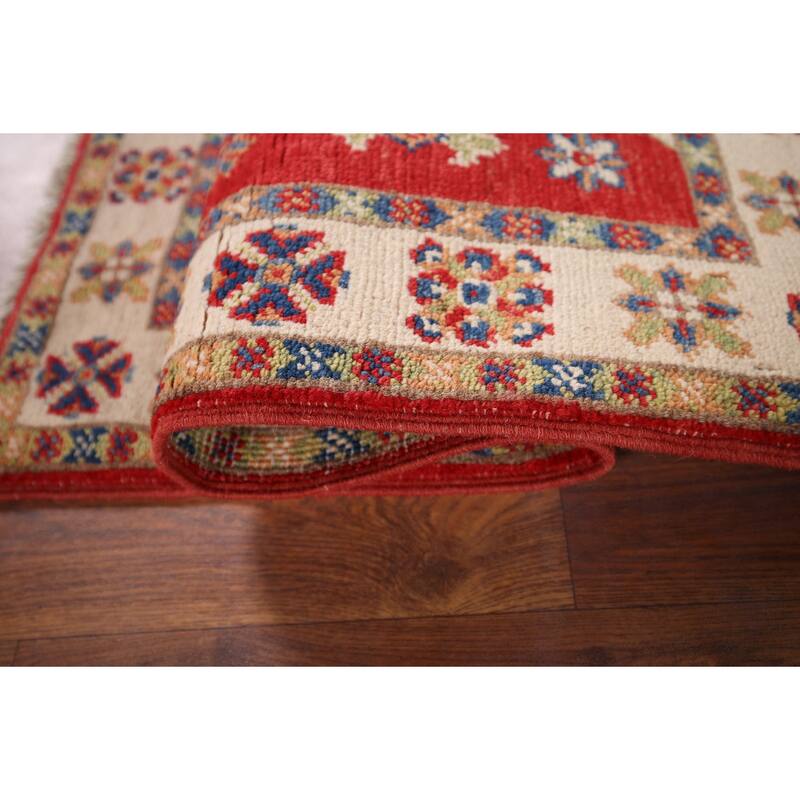 Red Geometric Kazak Foyer Rug Hand-Knotted Wool Carpet - 1'11" x 3'2"