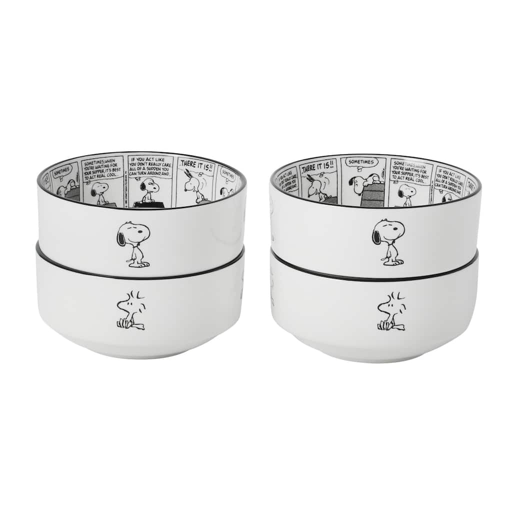 Peanuts Snoopy Cereal Bowls Set of 4, 4.5-Inch Porcelain, Comic Strip Design with Snoopy & Woodstock, Black and White