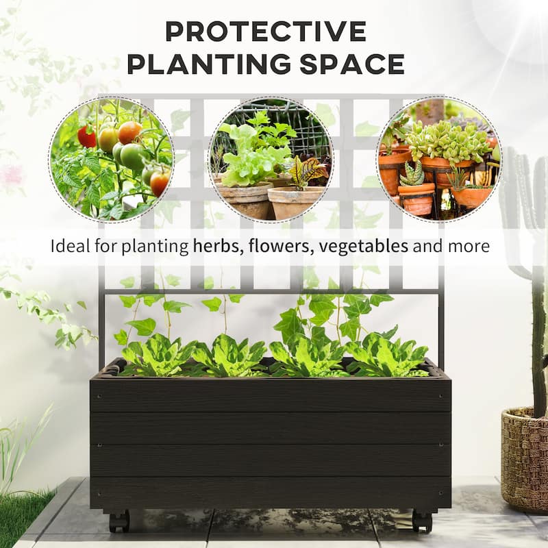 Outsunny Raised Garden Bed with Trellis and Wheels, Outdoor Wooden Elevated Planter Box, Freestanding Raised Flower Bed