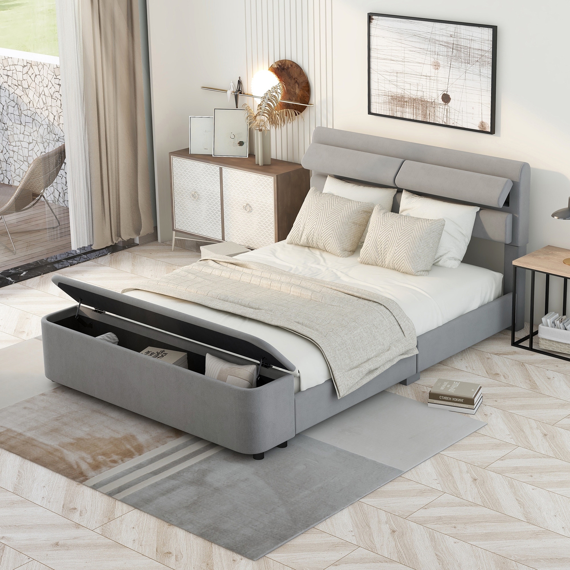 Bed with online adjustable headrest