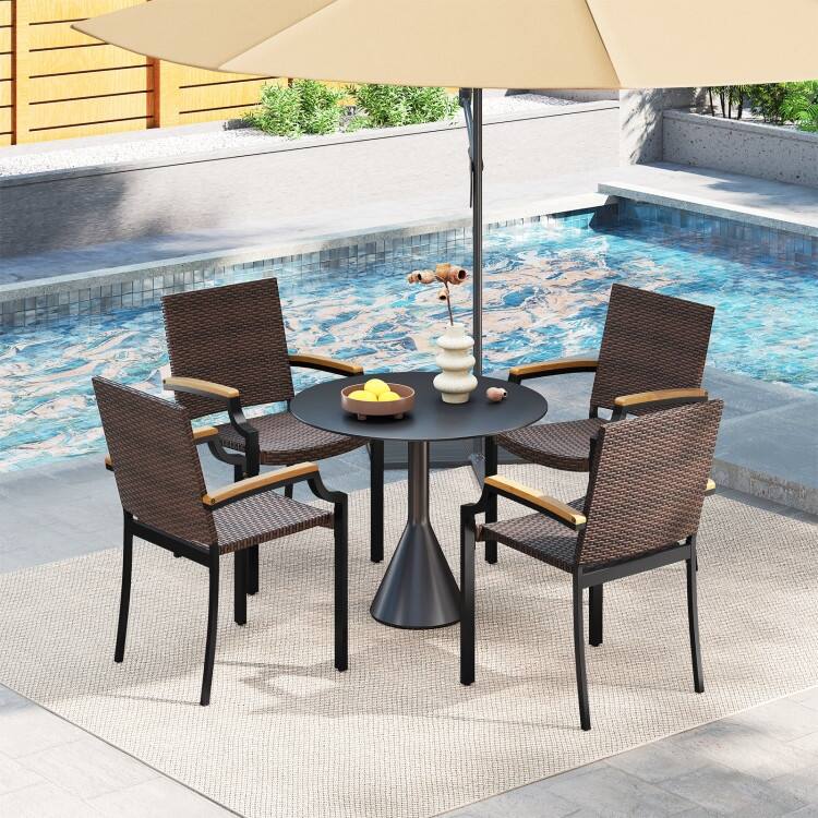Set of 2 Mix Brown PE Rattan Metal Patio Dining Chairs with Ergonomic Back and Stackable Design - 23" x 22" x 34.5"