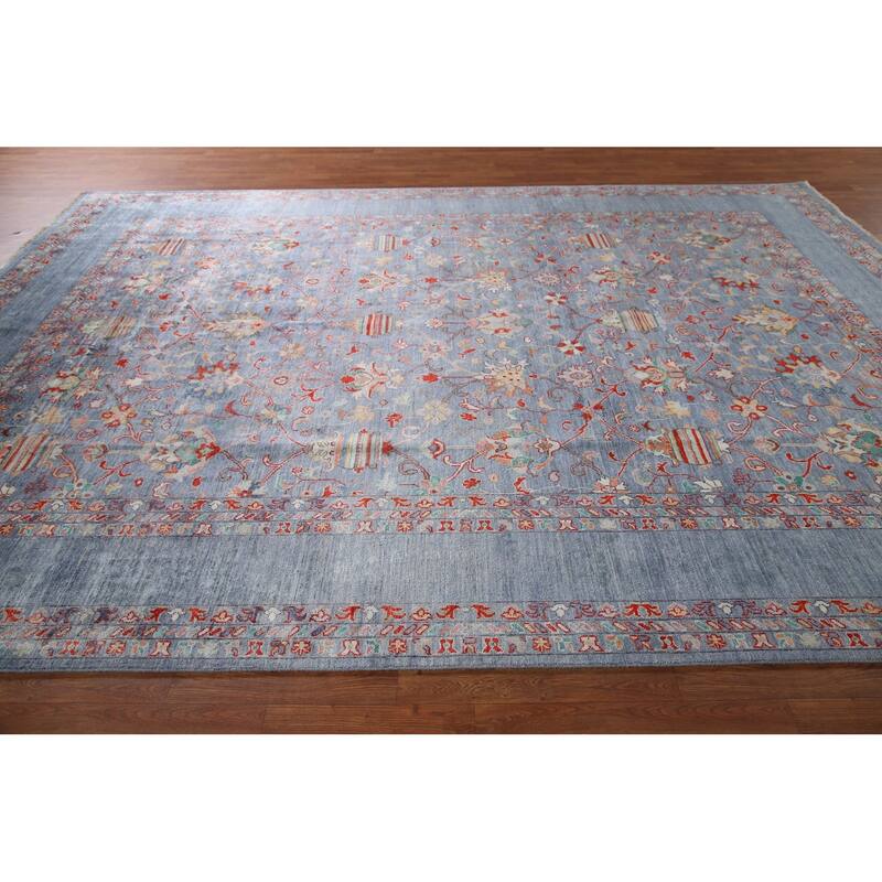 Hand Knotted Oriental 100% Wool Carpet Modern All-Over Navy Blue & Blues Art & Craft Area Rug - 12' 2'' X 8' 9''