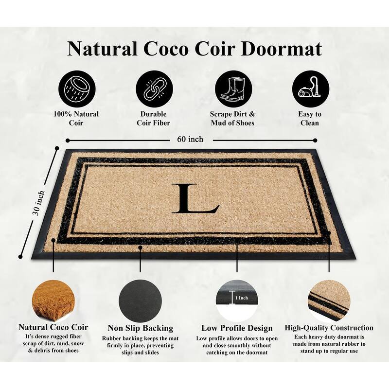A1HC Natural Coir & Rubber Non Slip Thin Profile Front Door Large Monogrammed Door Mats 30x60 Inches