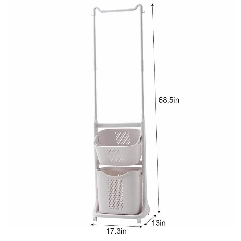 2-Tier Rolling Laundry Hamper with Removable Baskets and Hanging Rod