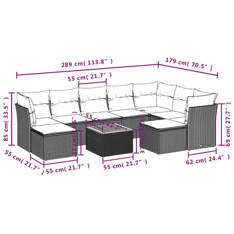 vidaXL Patio Sofa Set with Cushions Outdoor Furniture 10 Piece Poly Rattan - 24.4 x 24.4 x 27.2