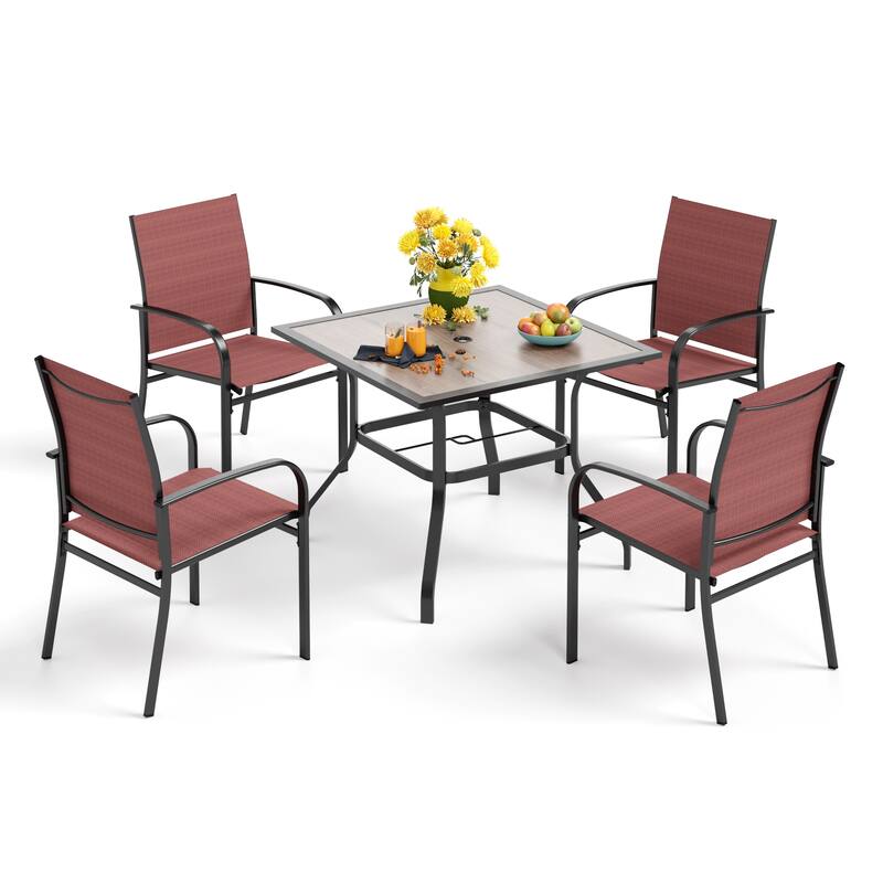 MAISON ARTS 5-Piece Outdoor Dining Set Wood-look Square Table & 4 Textilene Dining Chairs