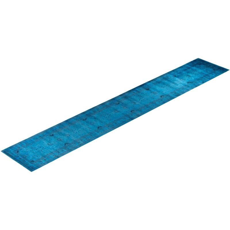 Overton Hand Knotted Wool Vintage Inspired Modern Contemporary Overdyed Blue Runner Rug - 2' 7" x 17' 1"