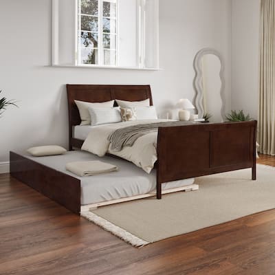Full Platform Bed with Trundle - Coastal Craftsman Style - Walnut Finish - Home Bedroom Furniture