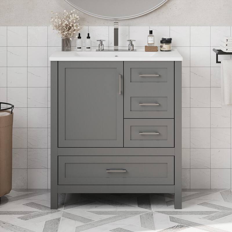 30" Bathroom Vanity with Sink Combo, Storage Cabinet with 3 Soft-Close Drawers and Removable Tray - Grey