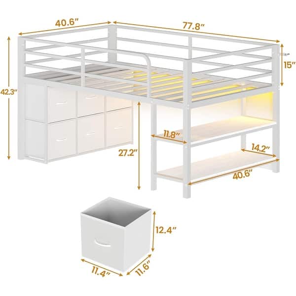 dimension image slide 3 of 10, Twin Size Low Loft Bed 6 Fabric Storage Drawers LED Lights Twin Over Twin Bunk Bed