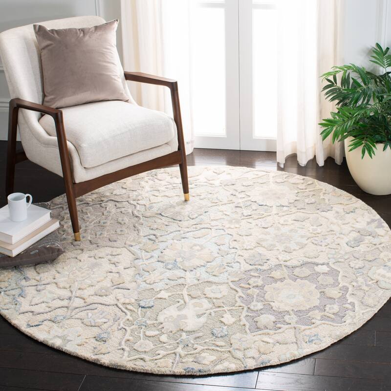SAFAVIEH Handmade Glamour Noella Floral Wool Rug - 8' x 8' Round - Grey/Blue