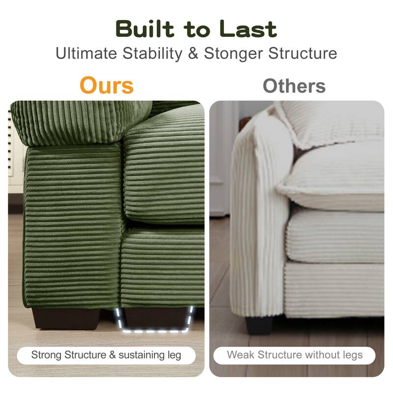 Sectional Couch with 2 Movable Ottomans, 92" Corduroy Couches for Living Room, Upholstered Sofa Couch with Deep Seat for Bedroom