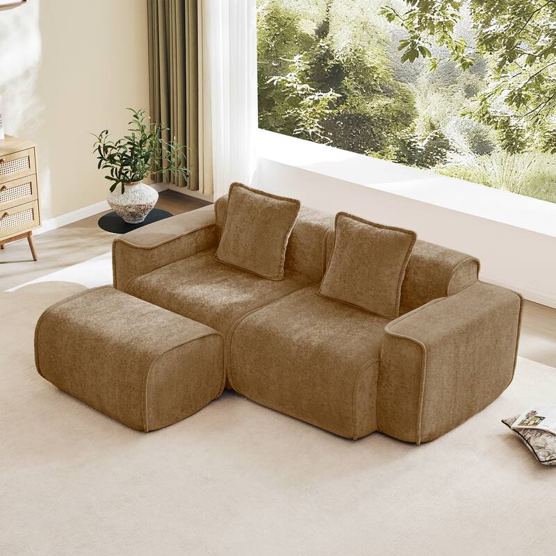 GDFStudio - Streamlined Velvet 2-Seater 78.74" Modular L-Shaped Sofa with Ottoman - Brown