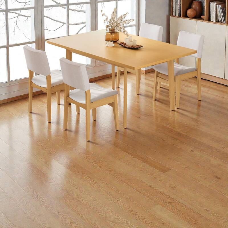 5-Piece Modern Dining Set with Solid Wood Table and Upholstered Linen Chairs, Space-Saving Stackable Design