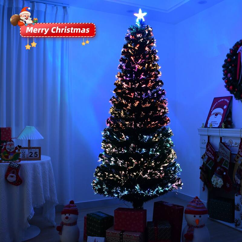 6 ft Fiber Optic Christmas Tree Pre-Lit Multi-Color Auto-Changing Lights with Star Topper and Sturdy Iron Base - 6 Ft