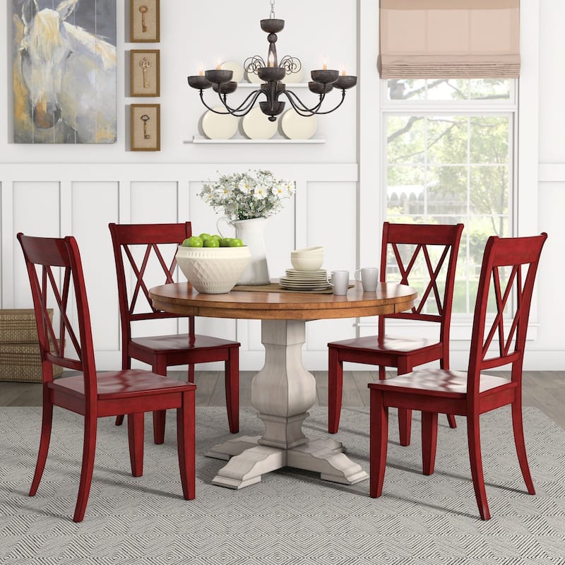 Eleanor Antique White Round Solid Wood Top 5-Piece Dining Set - X Back by iNSPIRE Q Classic - Antique White Table - Berry Red Chairs