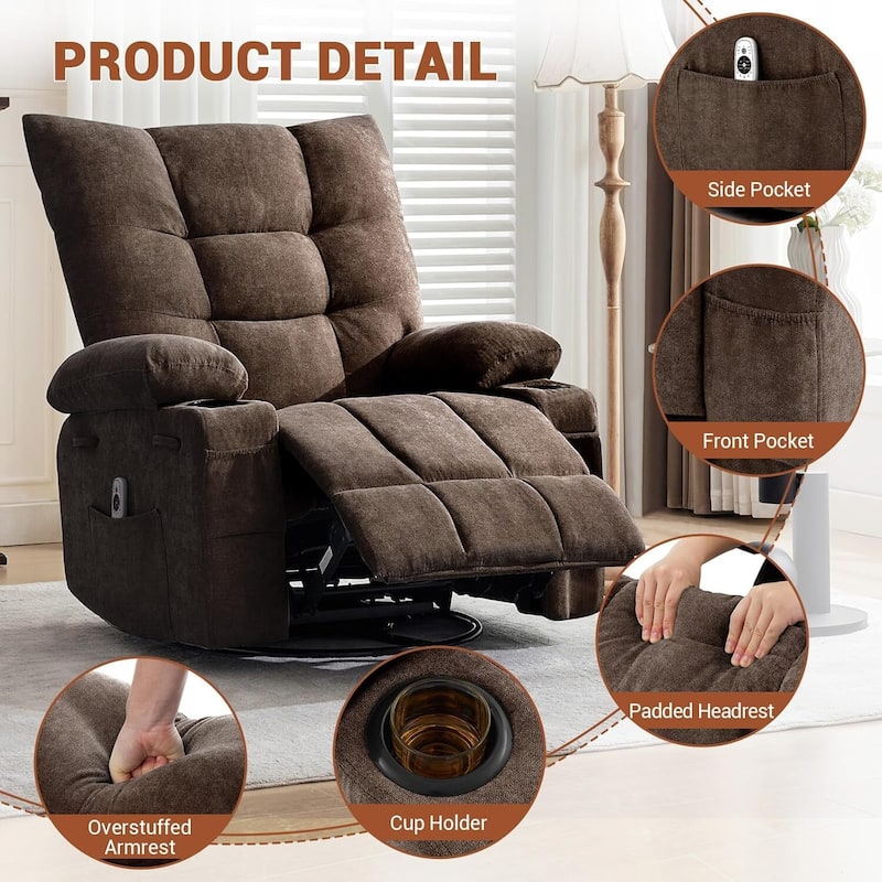 Swivel Rocker Recliner Chair, with Massage and Heat and Side Pocket