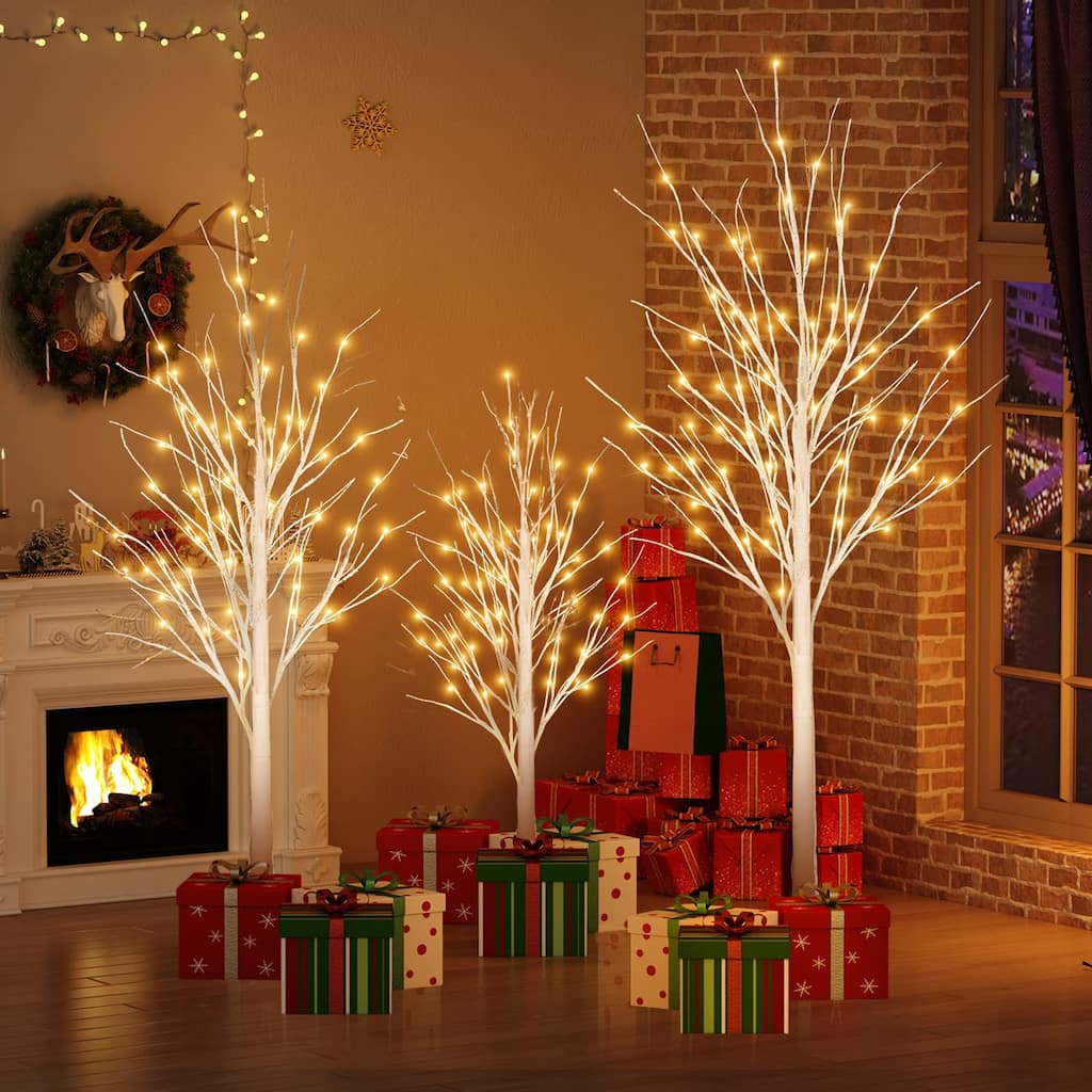 4FT & 5FT & 6FT Birch Christmas Tree Set, LED Lighted, Pack of 3