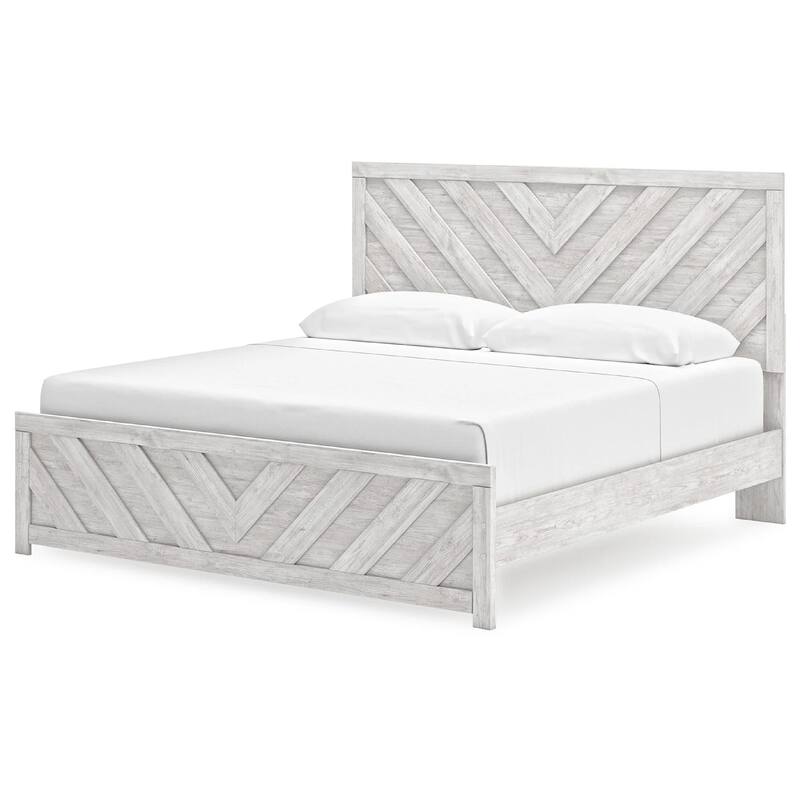 Cany King Size Bed, Chevron Pattern, Panel Headboard, Whitewash