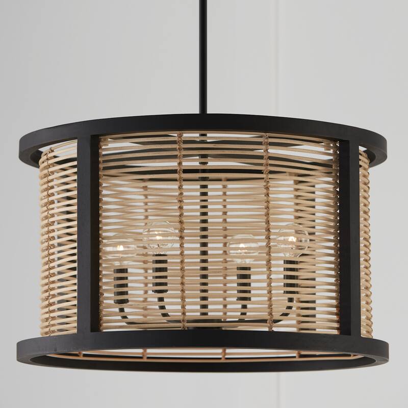 Rico 4-light Flat Black Pendant w/ Mango Wood & Rattan