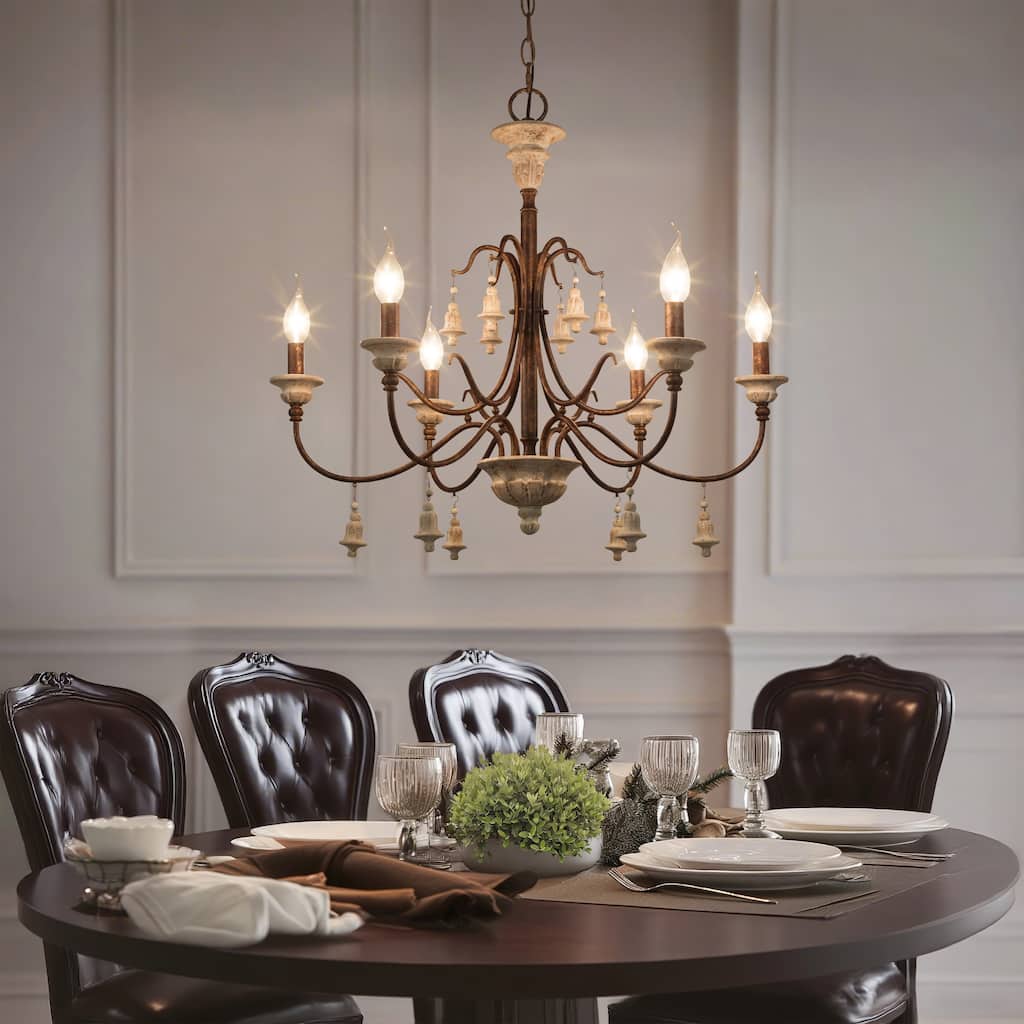 Farmhouse 6-Light Wood Chandelier French Country Candle Ceiling Light for Dining Room - D 26.5" x H 22.5"