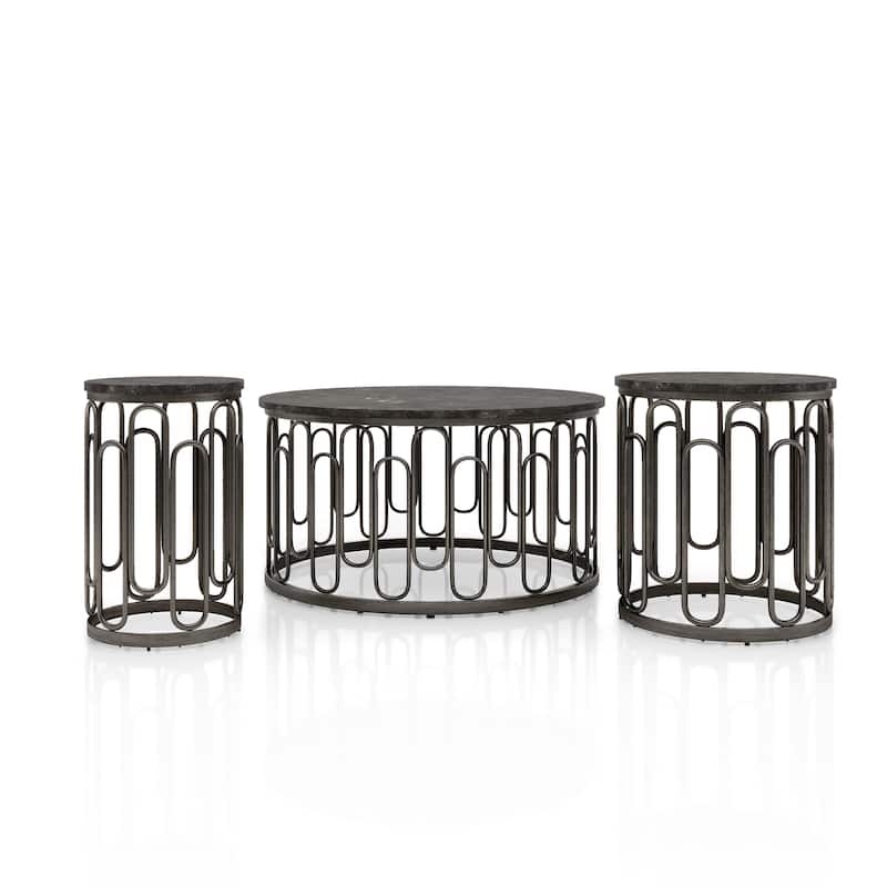 Lars Modern 3-Piece Round Table Set with Marble Top, Sturdy Decorative Metal Base by Furniture of America - Black