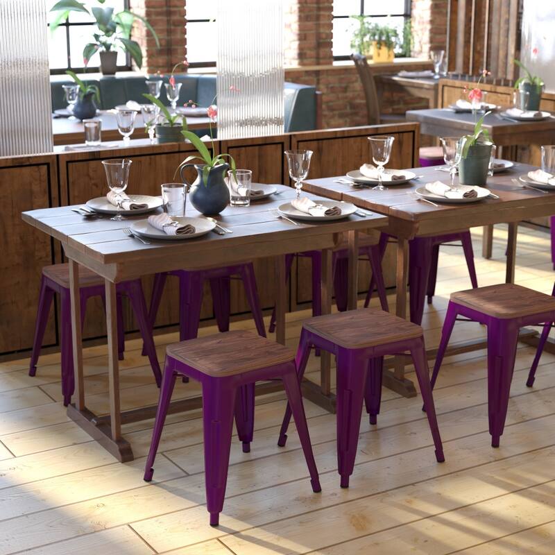 Set of 4 18" Table Height Indoor Stackable Metal Stool with Wood Seat - Purple
