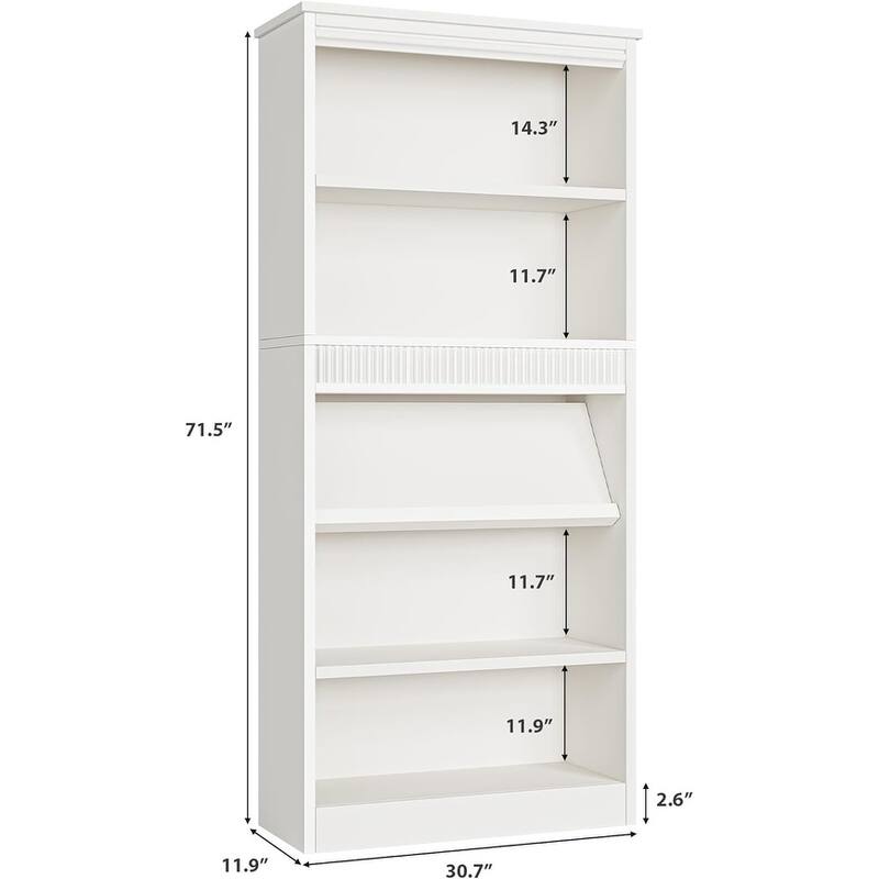 71 Inch Fluted Design Farmhouse Bookcase with Display Rack - N/A