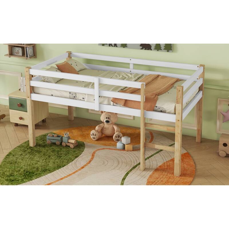 Roomfitters Full/Twin Rubber Wood Loft Bed with Ladder, Reinforced Slat Platform, Low Height Design, Espresso