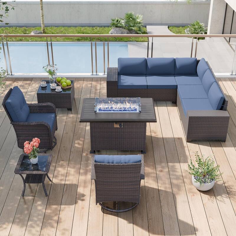 10-Piece Modular Outdoor Sectional Set with Fire Pit & Swivel Rockers - 10 pcs - Navy Blue